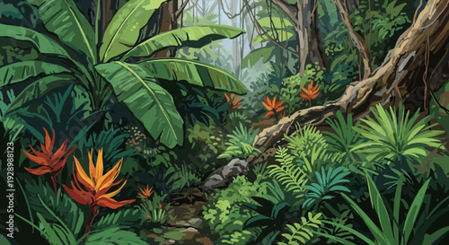 Tropical Jungle with Lush Green Foliage Flowers.