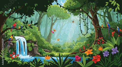 Tropical Forest with Waterfall and Flowers.