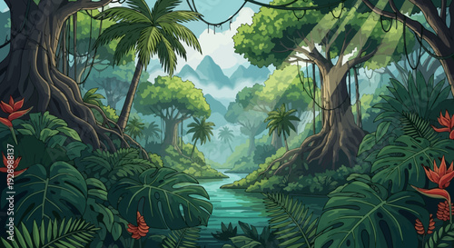 Tropical Jungle with Lush Greenery and Trees.