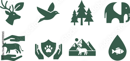 Set of nine nature and wildlife icons featuring animals trees water and outdoor activities isolated on transparent background