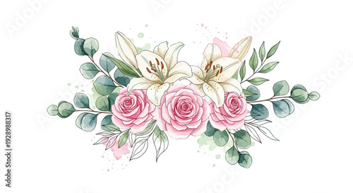Watercolor Painting of Pink Roses and Lilies.