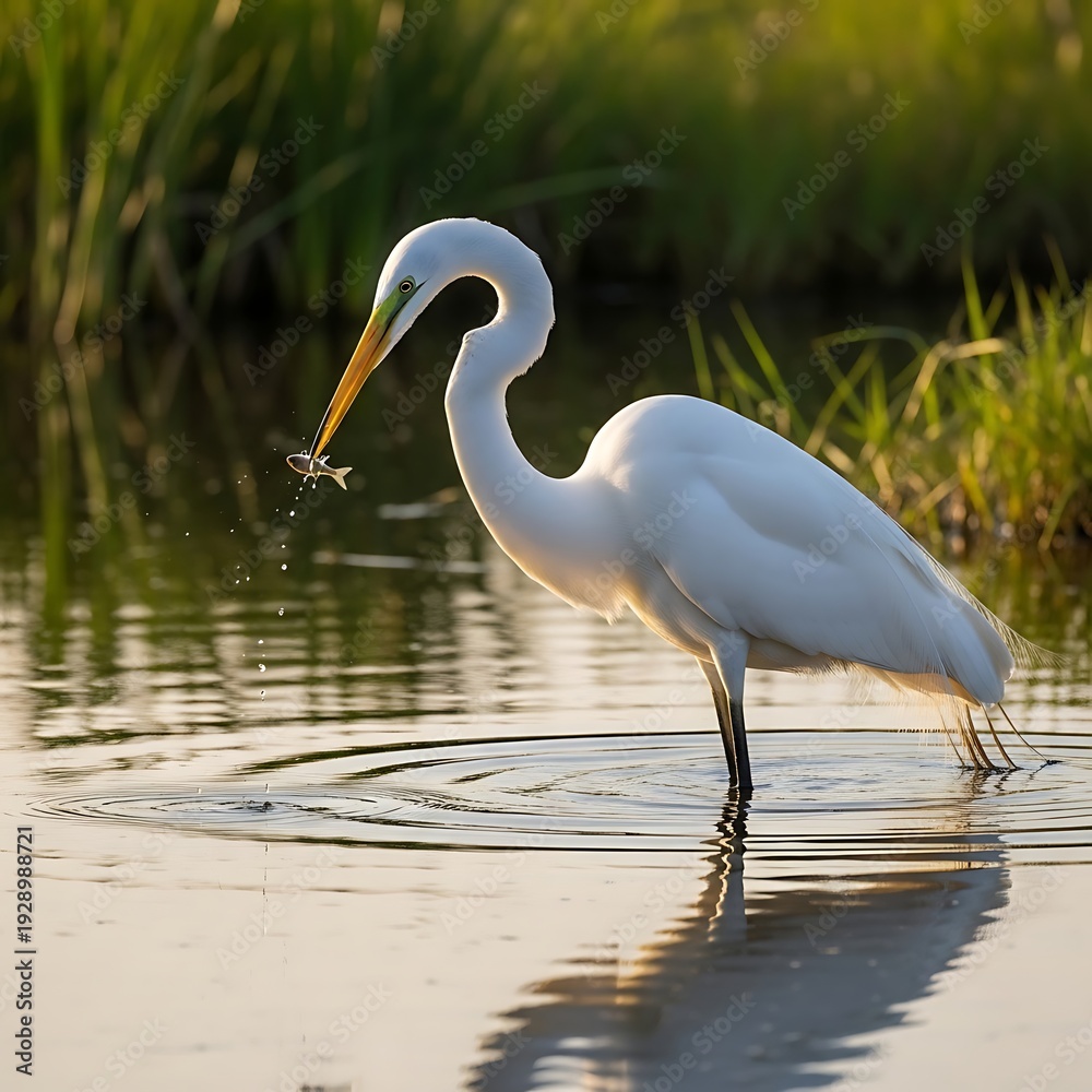 Naklejka premium A white heron catches fish in shallow water