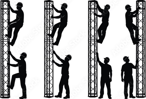 Professional Construction Worker Silhouette Set Climbing Metal Trusses for Industrial Engineering, Building Site Safety, Steel Structure Assembly, and Labor Concept,