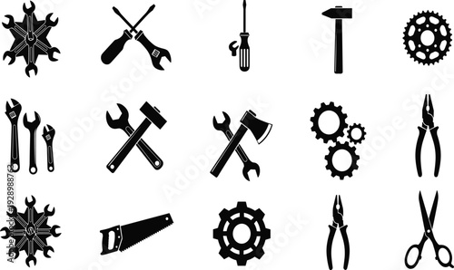 Professional Hardware Hand Tool Icon Set featuring Wrench, Screwdriver, Hammer, Saw, Pliers, Gears, and Axe for Repair, Construction, and Maintenance,