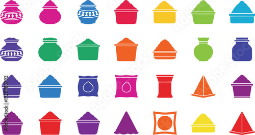 Vibrant Holi color powders in decorative pots and containers