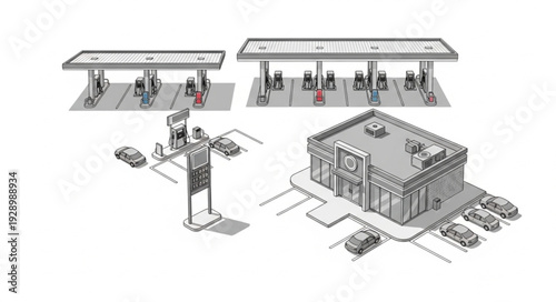 Gas station illustration featuring pumps, canopy, and convenience store, black and white.