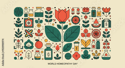 A colorful flat lay illustration celebrating World Homeopathy Day with various botanical and herbal elements on a pale background.