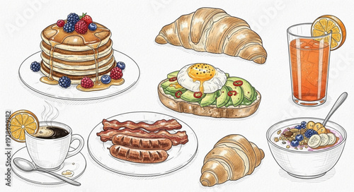 Delicious breakfast spread with pancakes, avocado toast, and coffee.