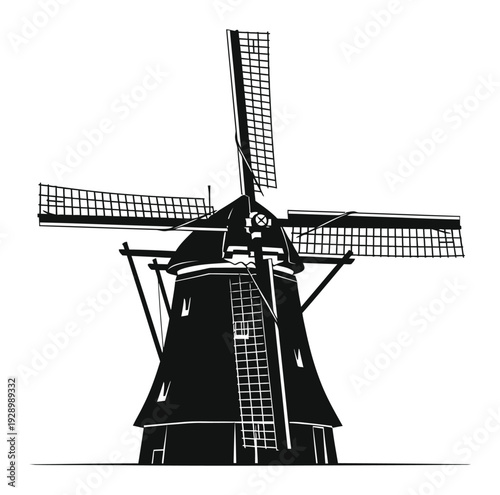 Dutch Windmill Silhouette - Vector Illustration