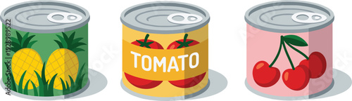 Vector illustration set of canned food including pineapple, tomato, and cherry tin cans, metal containers with fruit and vegetable labels isolated on white background