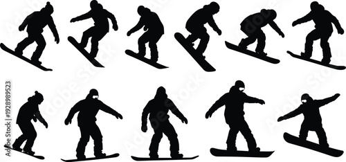 Professional Snowboarder Silhouette Collection featuring Athletes Performing Jumps and Carving Turns in Winter Sports Action for Extreme Outdoor Adventure Concept,