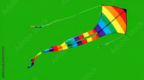 Vibrant Kite with Colorful Tail Dancing on Bright Green Screen
