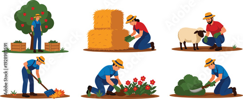 Vector illustration set of farmers working on farm, picking apples, harvesting hay, raking leaves, planting flowers, pruning bushes, and tending sheep isolated on white