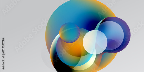 Abstract circles overlap, creating vibrant color blends. Gradient hues shift from blue to orange, forming fluid shapes. Minimalist design.