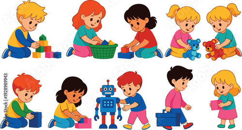 Vector illustration of cute cartoon children playing with toys, building blocks, teddy bears, and a robot, isolated on white background for nursery design