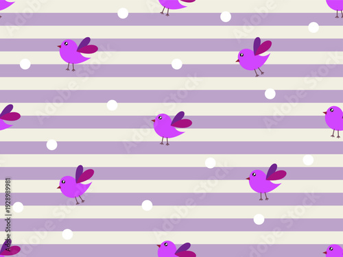 Seamless Pattern Purple Stripes with cute purple birds  and white dot,design for wallpaper ,carpet,scarf,fabric,textiles ,wrapping paper and backgrounds