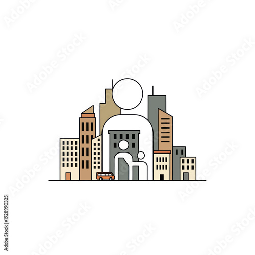 Human silhouette integrated with a city skyline and bus