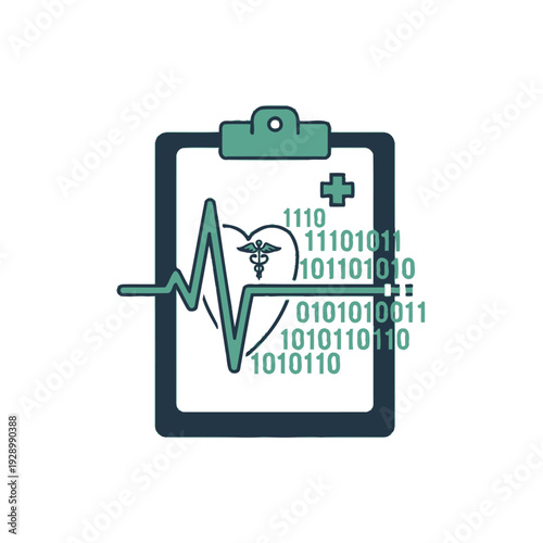Digital health record with heartbeat, caduceus, and binary code