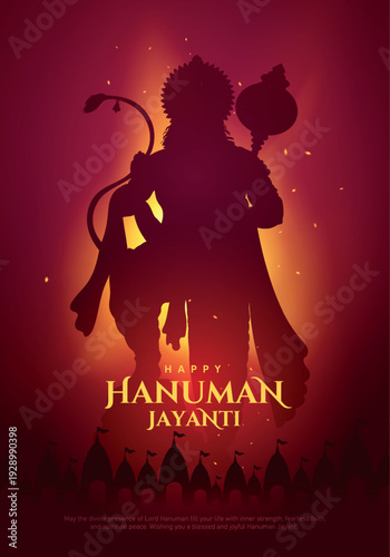 Happy Hanuman Jayanti Janmotsav Greeting Design, Lord Hanuman Silhouette Background. A Hindu festival celebrated of lord hanuman birthday.