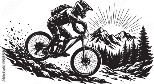 Vintage Style MTB Rider Logo with Mountain and Forest Background 
