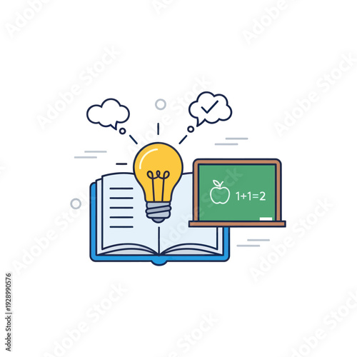 Idea and learning concept with book, lightbulb, and chalkboard