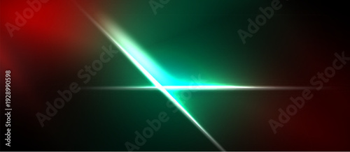 Abstract light streaks intersect. Red, green hues dominate dark background. Minimalist design evokes energy, motion. Brightness contrasts sharply.