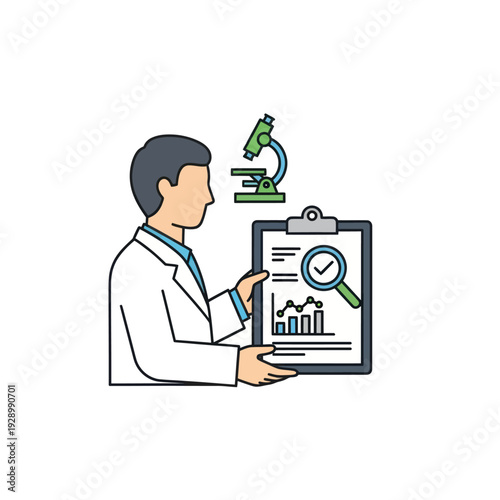 Scientist holding data clipboard with microscope in lab