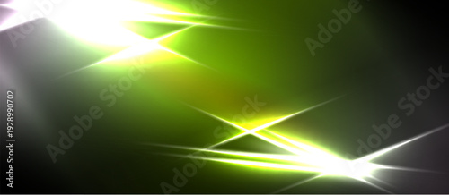 Abstract vibrant light flares dominate image. Green hues blend with white, creating dynamic visual effect. Sharp lines intersect.