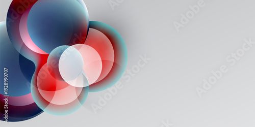 Abstract composition featuring overlapping spheres. Red, blue, white hues blend into dark background, creating modern visual effect.