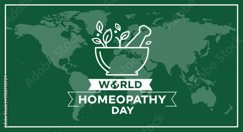 Green graphic illustration of World Homeopathy Day with a mortar and pestle on a world map background