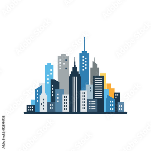 Modern city skyline illustration with blue and gray buildings