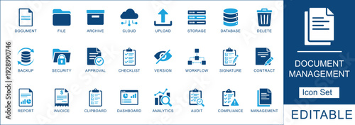 Document management icon set. for digital Privacy , data security, analytics, and office management. Fully editable vector symbols.