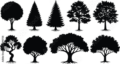 Professional Tree Silhouette Set featuring Oak, Pine, Spruce, and Maple for Environment, Landscaping, Nature Conservation, Forest Greenery, and Outdoor Garden,