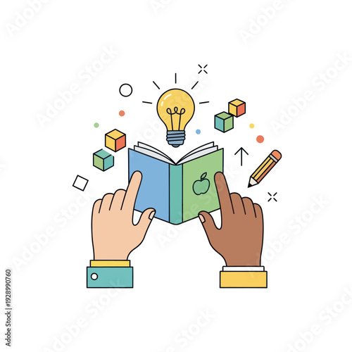 Diverse hands reading book with glowing idea lightbulb