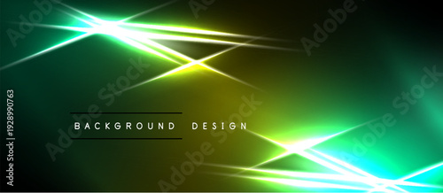 Abstract neon lines create dynamic glow effect. Dark background emphasizes bright green, yellow streaks. Modern design element.