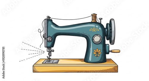 Vintage teal sewing machine with floral designs on wooden base stitching fabric with thread