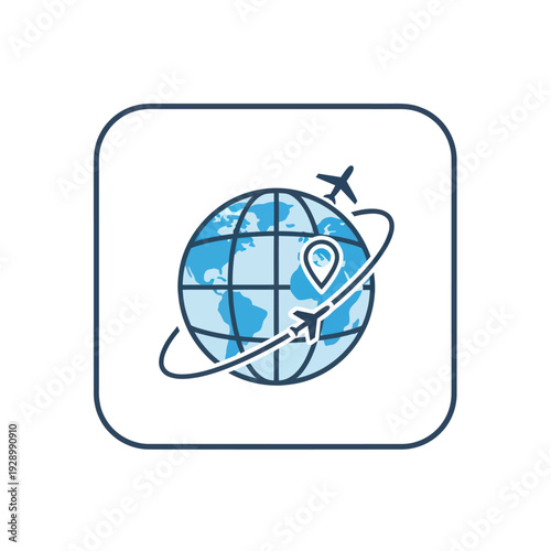 Global travel and logistics icon with airplanes circling earth