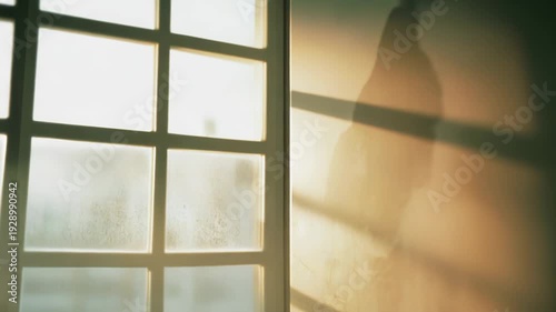 Gentle golden sunlight through a window casts long soft shadows across a warm, cozy interior wall, evoking peaceful, inviting calm and quiet morning or evening atmosphere