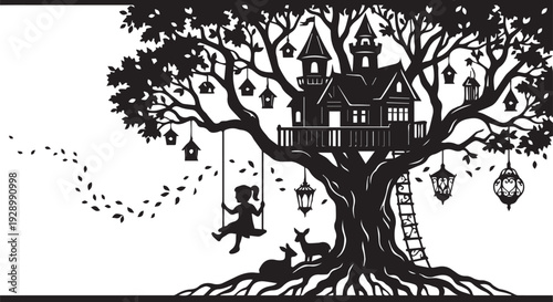 Black and White Childhood Adventure Treehouse Landscape