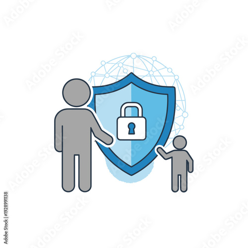 Adult person protecting child with security shield and padlock