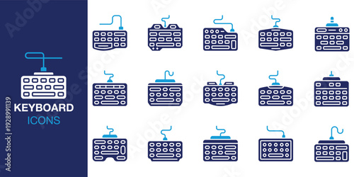Keyboard icon set. Containing desktop, mechanical, membrane, wireless, bluetooth and more. Solid vector icons collection. Vector illustration.