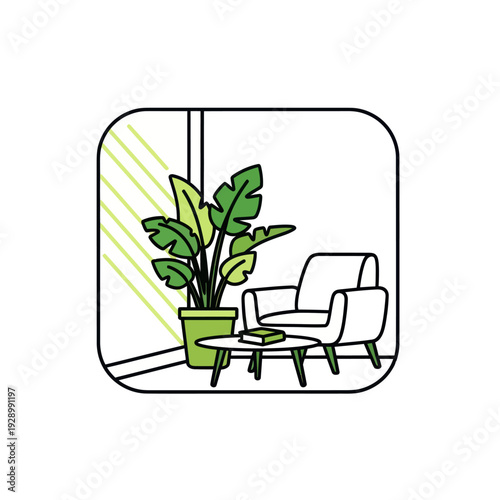 Minimalist home interior with green plant and comfy armchair