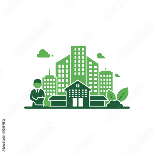 Green city buildings, businessman, and eco-friendly urban landscape