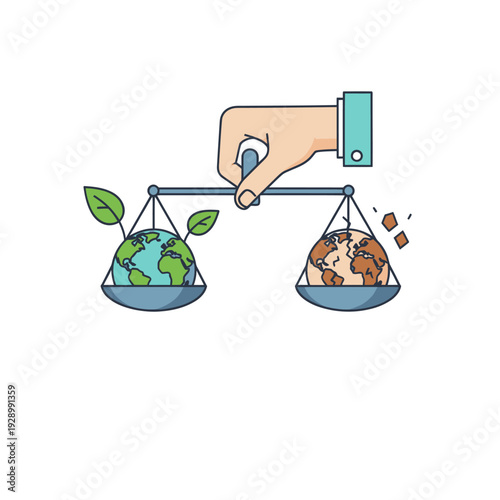 Hand balancing healthy green Earth with cracked polluted planet