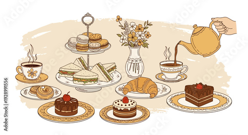 A delightful spread of afternoon tea with assorted pastries, sandwiches, cakes, and a croissant, served with steaming cups of tea.