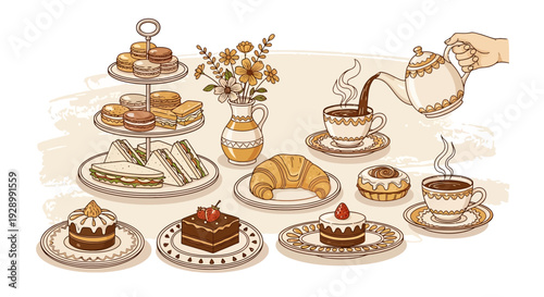 A delightful spread of afternoon tea, featuring an assortment of pastries, sandwiches, and hot beverages, beautifully arranged for a charming gathering.