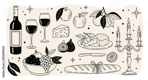 A charming hand-drawn illustration of a rustic still life featuring a bottle of wine, glasses of red wine, cheese, fruits like apples and figs, a bowl of grapes, a baguette, and a candelabra.