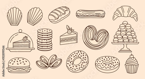 A collection of line art illustrations of various sweet and savory baked goods and desserts.