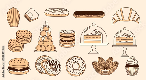 A delightful assortment of various pastries and baked goods, including cakes, donuts, eclairs, and croissants, presented in a charming illustration.