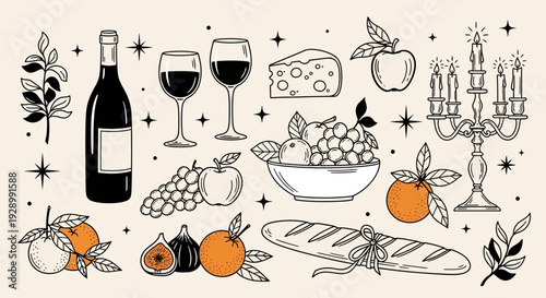 A charming still life illustration featuring a bottle of wine, two glasses of red wine, cheese, fruits, bread, and a candelabra, set against a neutral background with decorative stars and foliage.